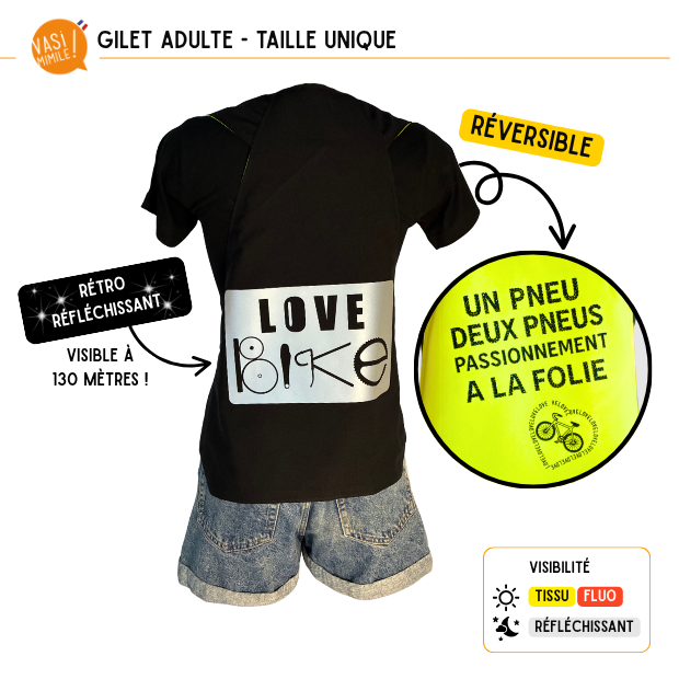 Gilet fluo réversible - Love Bike & 2 Pneus