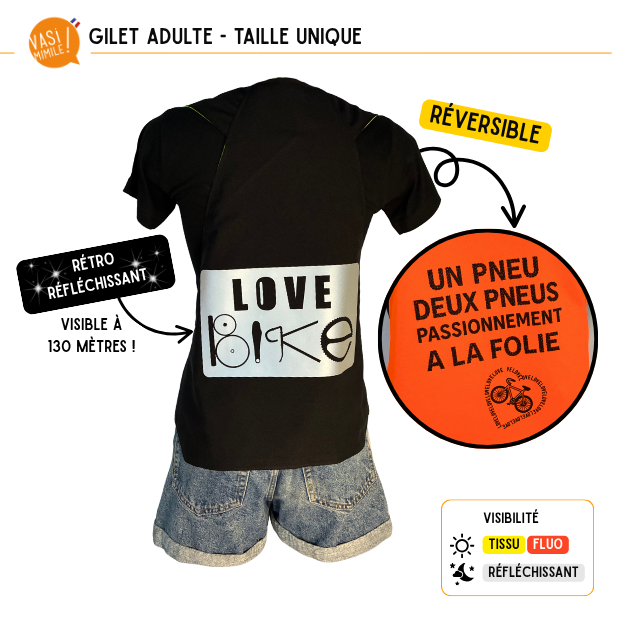 Gilet fluo réversible - Love Bike & 2 Pneus