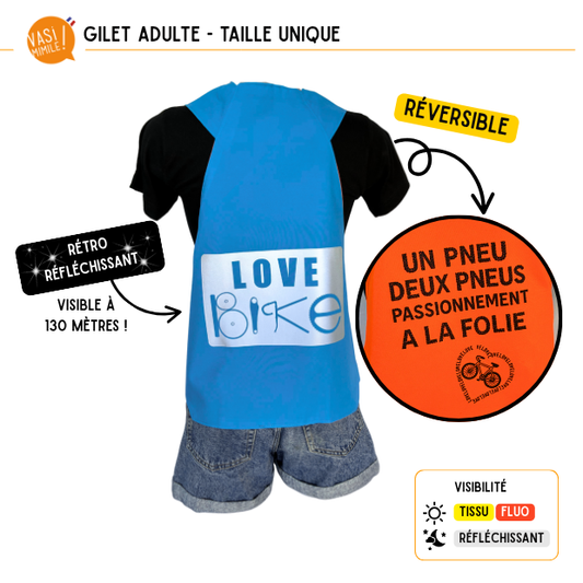 Fin de série ! Gilet fluo réversible - Love Bike Passionnément Bleu Orange