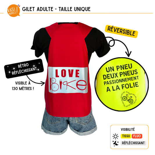 Fin de série ! Gilet fluo réversible - Love Bike Passionnément Rouge