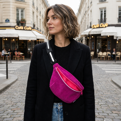 Banane en velours côtelé rose – sangle Réfléchissante