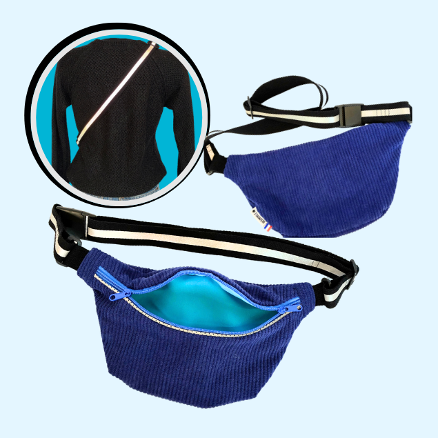 Banane en velours côtelé bleu – Réfléchissante et intérieur fluo