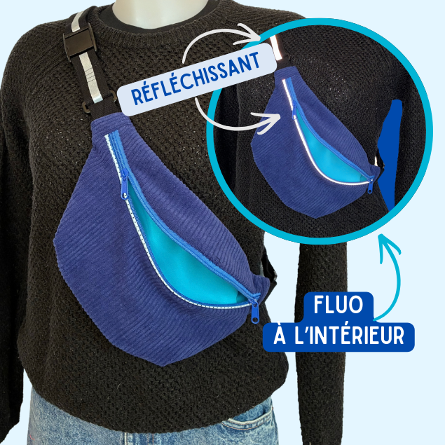 Banane en velours côtelé bleu – Réfléchissante et intérieur fluo