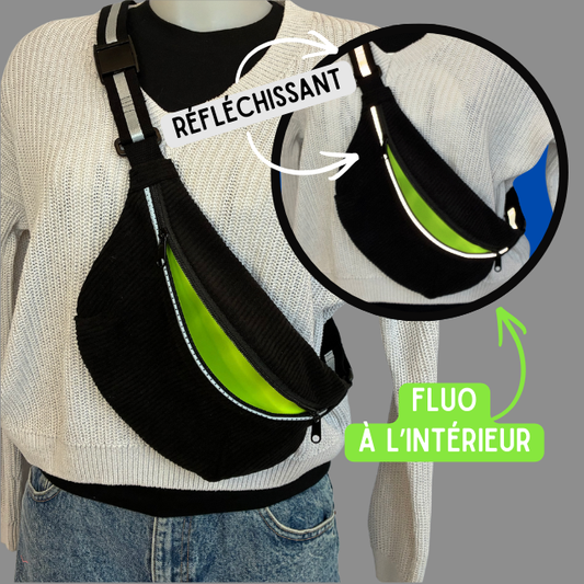 Banane en velours côtelé noir – Réfléchissante et intérieur fluo