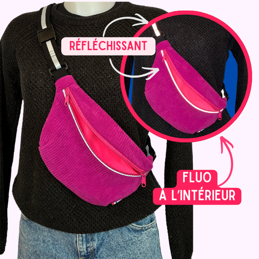 Banane en velours côtelé rose – Réfléchissante et intérieur fluo