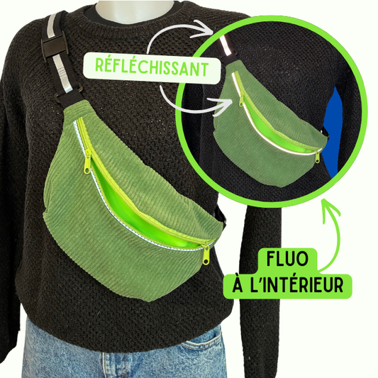 Banane en velours côtelé vert – Réfléchissante et intérieur fluo